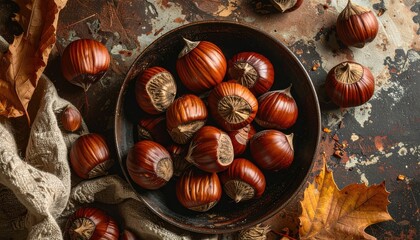 Overhead Composition Of Fresh Hazelnuts In A Dark Bowl With Soft Natural Light And Autumn Leaves Scattered Around