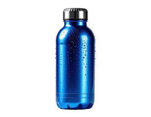 Naklejka premium Glossy blue insulated water bottle, metallic cap, condensation. Pure black background