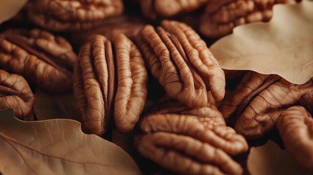 A group of pecans sits atop a wooden table, ready for use or decoration