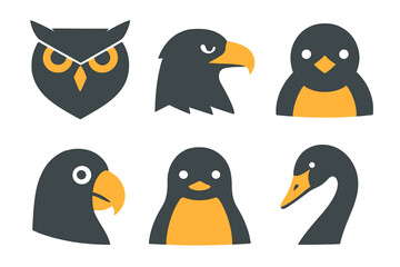 Obraz premium Minimalist collection of bird heads and avatars featuring owl, eagle, penguin, and swan