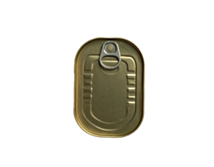 Top-down view of a metallic food container with a pull-tab against a black background