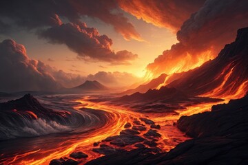Volcanic eruption at sunset with lava flowing into the sea, digital art