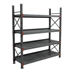 A detailed, three-dimensional rendering of an empty, industrial storage shelving unit. Isolated on a Transparent Background, PNG, Cutout