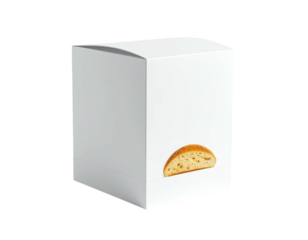 Simple, white box container with a half slice of bread resting on its bottom edge