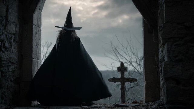 Halloween witch standing in old damaged stone window with wall over cross, dead tree and spooky cloudy sky, Halloween mystery concept