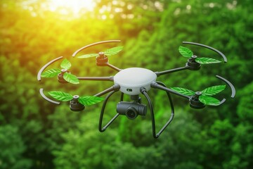 Eco-friendly concept. Innovative Drone with Green Leaf Blades Flying Over Lush Green Forest During Bright Sunny Day in Nature