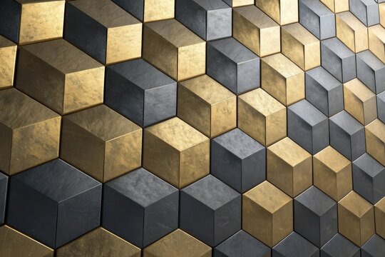A geometric pattern of gold and gray cubes creates an abstract design - Powered by Adobe