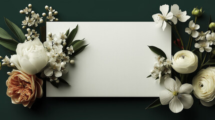 Elegant Floral Frame with White and Cream Flowers on Dark Green Background – Luxury Wedding Invitation Mockup