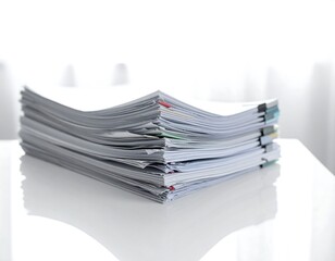 A large stack of white papers sits on a glossy, white table near a soft, bright window. The papers are clipped