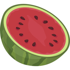Pixel Art Half Watermelon With Black Seeds and Green Rind Isolated on White Background Vibrant Red Flesh Sweet Fruit Healthy Refreshment Summer Treat