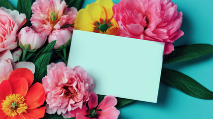 Blank Greeting Card with Colorful Flowers on Blue Background – Floral Mockup Template