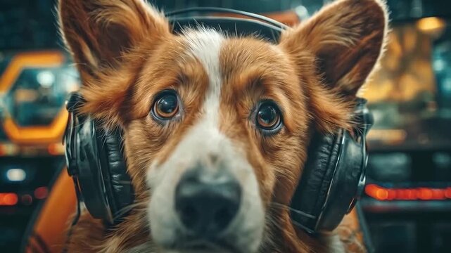 Adorable corgi gamer with headphones immersed in virtual gaming world and esport atmosphere