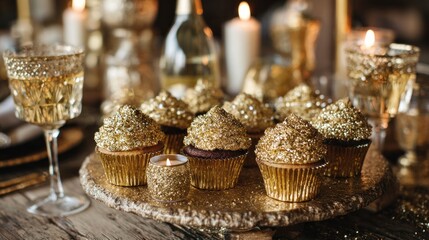 Naklejka premium Sparkling Gold Cupcakes and Candles on a Festive Table Setting