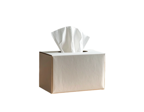 White tissue box with tissues drawn out, set against a black background, highlighting the contents
