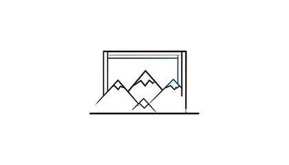 A minimalist, stylized illustration featuring a line-art depiction of mountain peaks framed within a rectangular structure