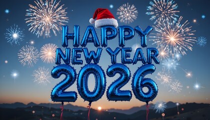 Festive happy new year 2026 celebration with blue foil balloons, santa hat and fireworks display