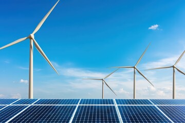 Renewable energy concept. Renewable Energy Sources with Solar Panels and Wind Turbines Under Clear Blue Sky and Bright Sunlight