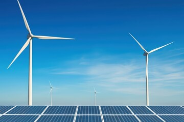 Renewable energy concept. Renewable Energy Landscape with Wind Turbines and Solar Panels Under Clear Blue Sky