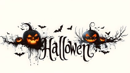 Halloween horizontal banner with vector logo. The inscription with ominous tree branches, bats and a pretty witch on a background of the full moon. 
