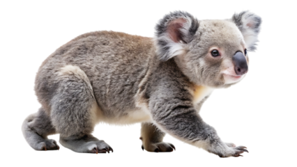 Adorable baby koala walking side view cute australian marsupial isolated on black studio shot