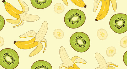A bright and cheerful pattern featuring sliced kiwi fruits and bananas.