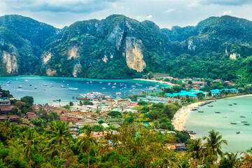 Thailand. Phi-Phi island viewpoint Krabi Province. Famous Koh Phi-Phi Don island with white sand beach and turquoise water. Panoramic view at viewpoint of Phi Phi island in Krabi, Thailand.