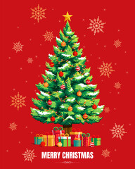 Snowy Christmas Tree with Colorful Gifts and Ornaments on Red Background, Festive Holiday Celebration and Merry Christmas Greeting, vector illustration