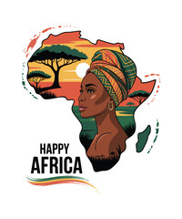African Woman Silhouette within Continent Map at Sunset