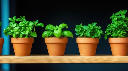 Herb gardening concept. Fresh Herb Plants in Terracotta Pots on Wooden Shelf Against Dark Background for Culinary and Gardening Projects