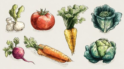 Artistic Sketch of Fresh Garden Vegetables: Tomato, Carrots, Cabbage, Radish, and Garlic