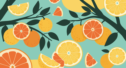 A vibrant assortment of citrus fruits hanging from branches.