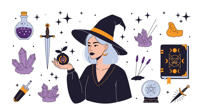 A mystical witch conjures magical spells with enchanted objects and crystals.