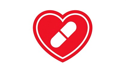 A minimalist vector illustration features a red heart symbol with a white border, encapsulating a white capsule. The image is clean with bold lines