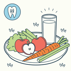 Healthy food for teeth. Cartoon plate with vegetables, apples and milk for strong enamel