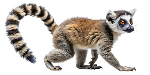 Adorable ring-tailed baby lemur walking side view isolated image cute animal photography