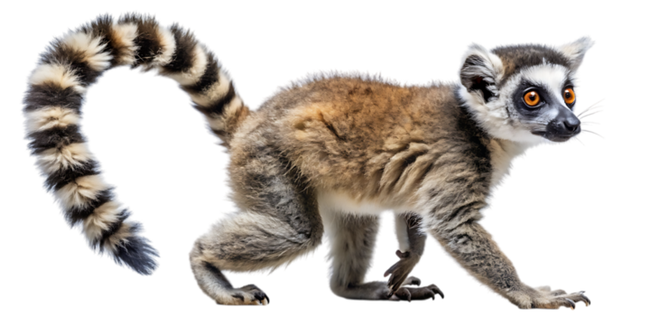 Adorable ring-tailed baby lemur walking side view isolated image cute animal photography