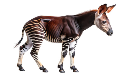 Adorable young okapi with striking zebra-like leg stripes and reddish-brown body walking gracefully isolated