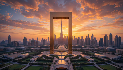 Dubai skyline at sunset with the dubai frame in the foreground offering a unique perspective of the city