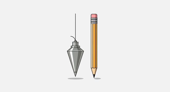 Precision tools: a shiny silver conical plumb bob hanging beside a classic yellow wooden pencil with pink eraser.