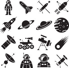 Space Exploration Icons Set in Black and White Silhouette Style