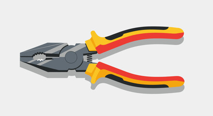 Obraz premium Vector illustration of grey metal pliers with serrated jaws and colorful yellow, red, black striped handles, open pose.