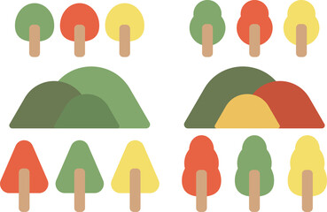 季節の色合いの木と山のシンプルなイラスト © すぴかえる