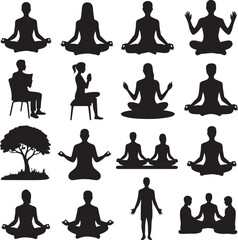 Various silhouettes of people in different yoga poses and activities