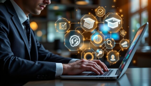 A businessman in a suit working on a laptop with a floating holographic interface showing education icons, including a glowing graduation cap, book, target, magnifying glass