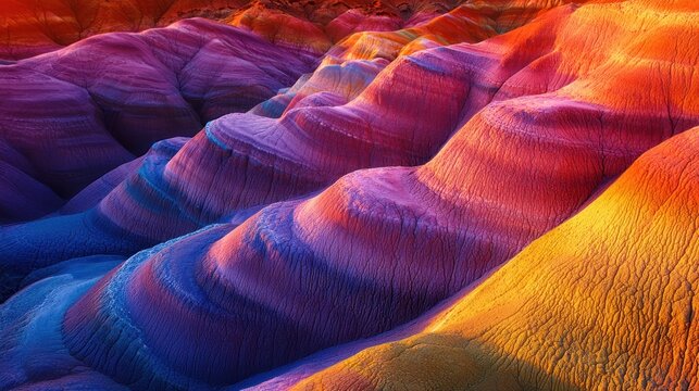 A colorful abstract landscape featuring bold, energetic colors blending into dramatic natural forms.