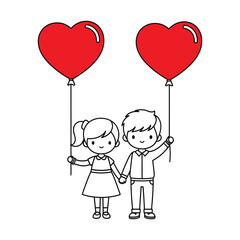 Cartoon Couple Holding Heart Balloons love romance