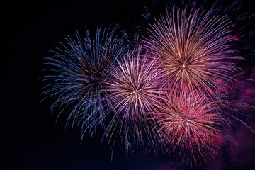 Blue and Purple Fireworks Burst on Dark Night Sky