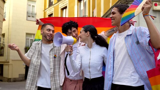 Group of activists celebrating at lgbtqia pride parade