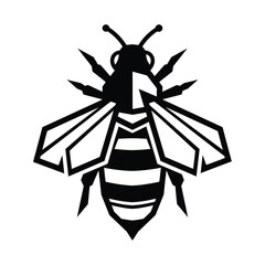 Geometric black and white bee illustration with sharp angular wings and body insect