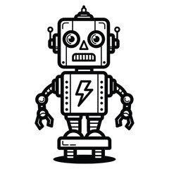 Retro robot with lightning bolt emblem and articulated arms Keywords: robot, android, automaton